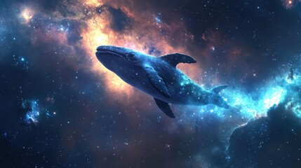 A celestial whale-shaped nebula drifts across the galactic horizon, glowing with cosmic energy