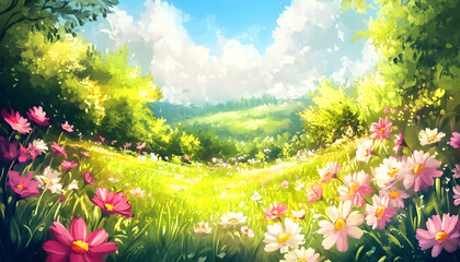 Fototapeta premium Illustration - Idyllic Landscape Flowers Nature Sunlight Trees Grass Meadow Green Summer Sky Clouds