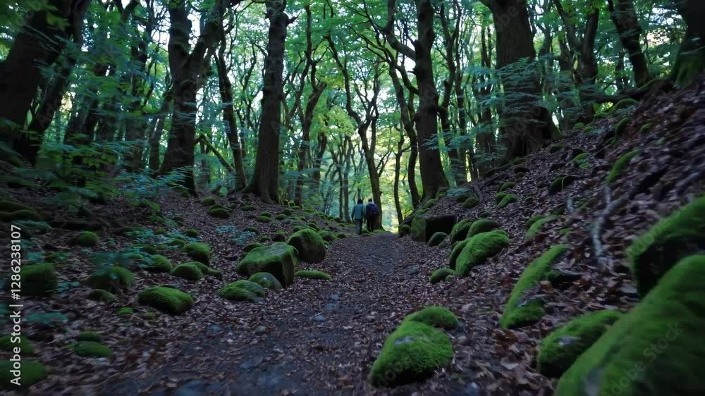Poster exploring a tranquil forest pathway with lush greenery and moss-covered rocks during daylight