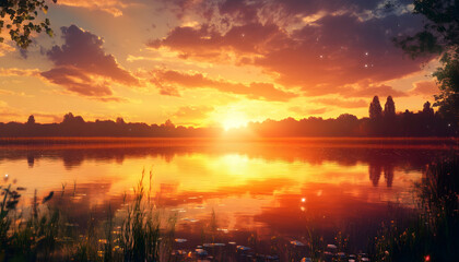 Obraz premium Illustration Golden Sunset Lake Reflection Nature Landscape Scenic Dusk Twilight