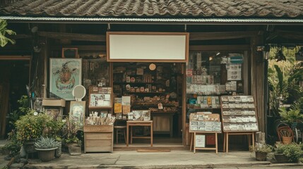 Obraz premium Quaint Wooden Shopfront Displaying Books and Local Crafts for Sale