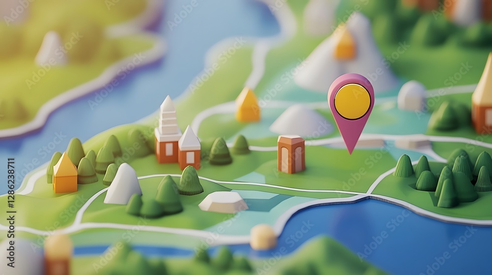 Poster detailed miniature toy map with stylized landscape houses mountains rivers and signposts representin