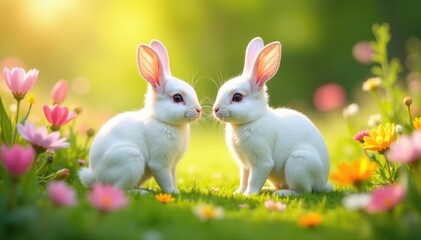 Two charming white rabbits playing amongst a profusion of colorful blooms in a sunny field , flowers, meadow