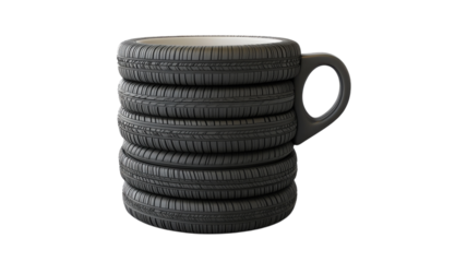 Creative coffee cup design resembling stacked tires showcases unique craftsmanship in an artistic display