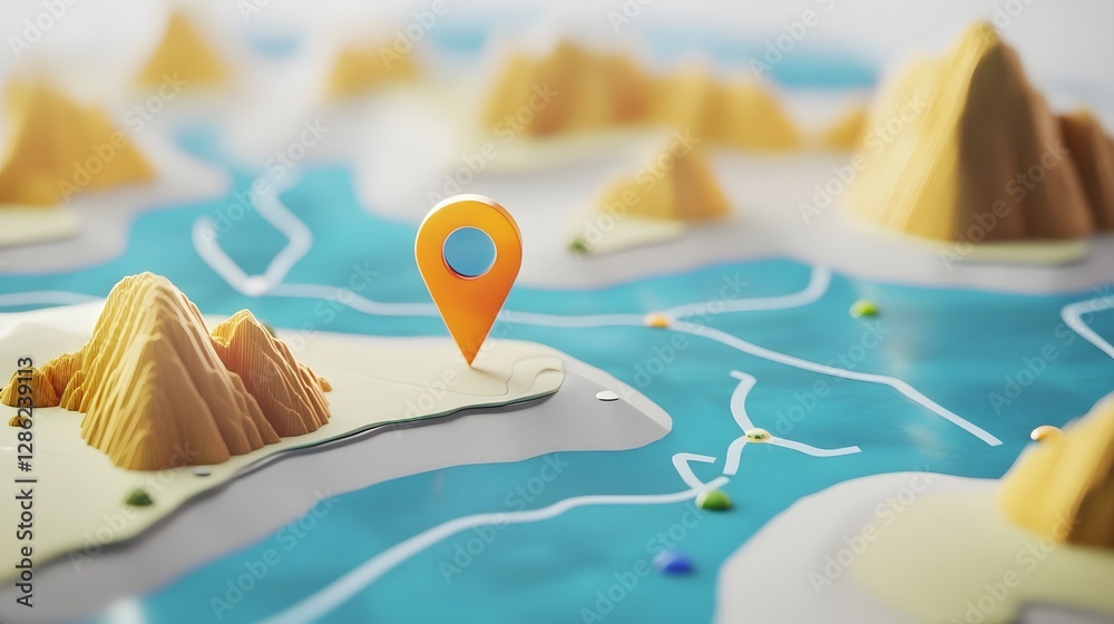 Poster detailed navigational map showcasing a picturesque landscape with a prominent location marker indica