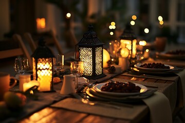 Traditional Ramadan Iftar Table Set with Dates and Tea