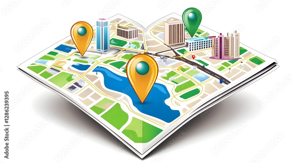Poster detailed of a city map with gps pins and markers indicating various key landmarks buildings transpor