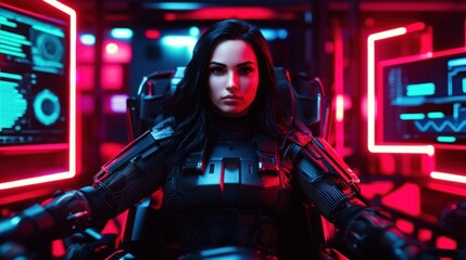 Naklejka premium Futuristic female in a high-tech control room, surrounded by glowing screens and data displays