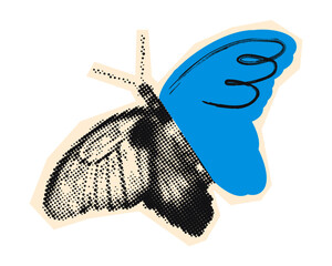 Blue butterfly halftone art collage cut out element. Paper clipping shape, spring or summer insect sticker, dotted texture, doodles and scribbles. Modern retro grunge mixed media vector illustration