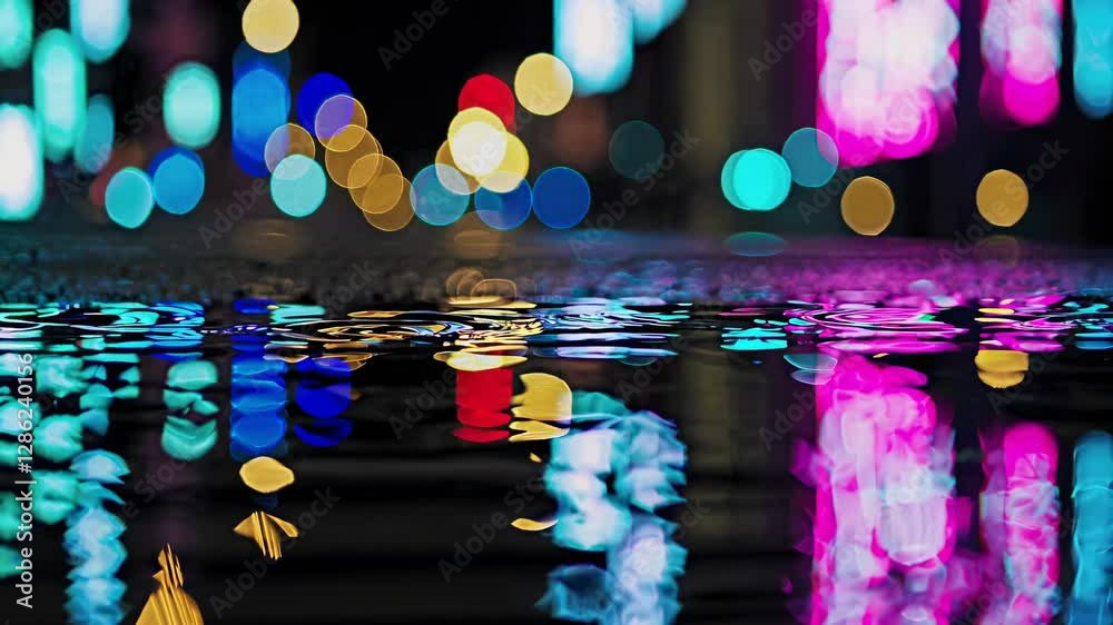 Poster reflections of neon lights create a stunning display on wet pavement in a bustling city at night