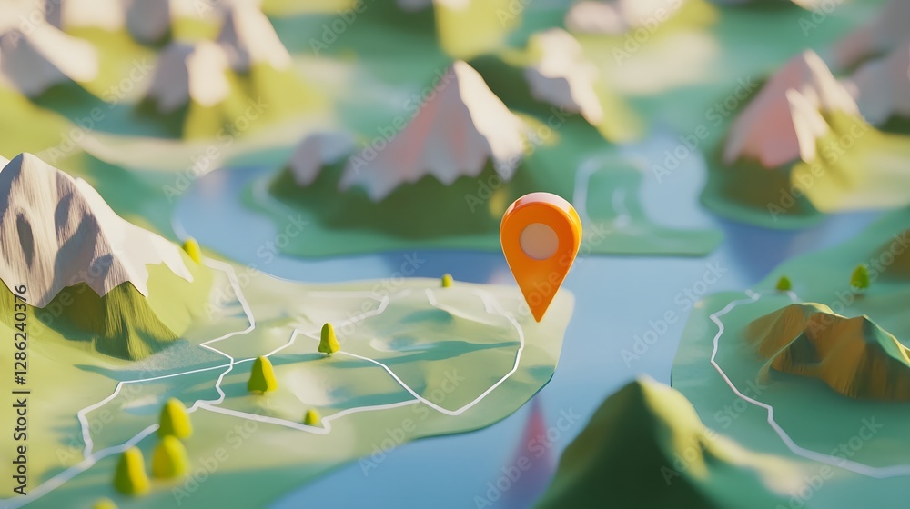 Poster detailed terrain map of a mountainous landscape with a stylized navigation pin marker representing a