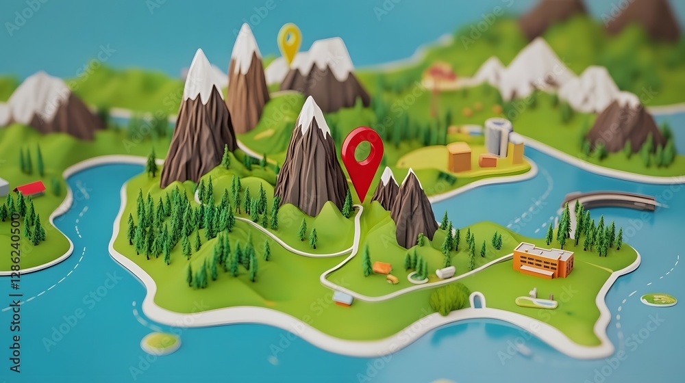 Poster detailed topographic map showcasing a mountainous landscape with winding rivers lush forests and var