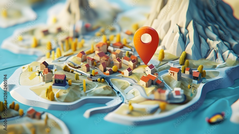 Poster detailed topographic map showing a miniature town and road network with mountains rivers and other g