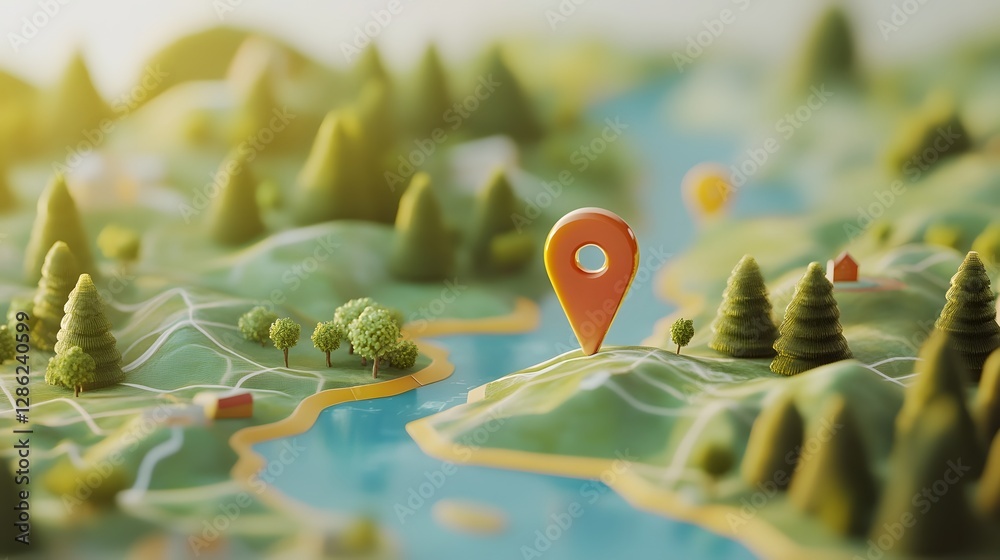 Aufkleber Detailed topographic map showing a winding mountain trail with a GPS location marker surrounded by lush forest and rugged peaks in the distance