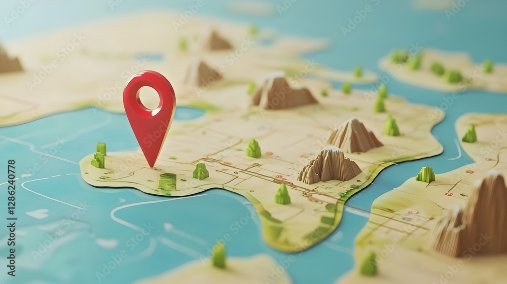 Poster detailed topographic map with navigational gps marker highlighting a remote wilderness adventure des