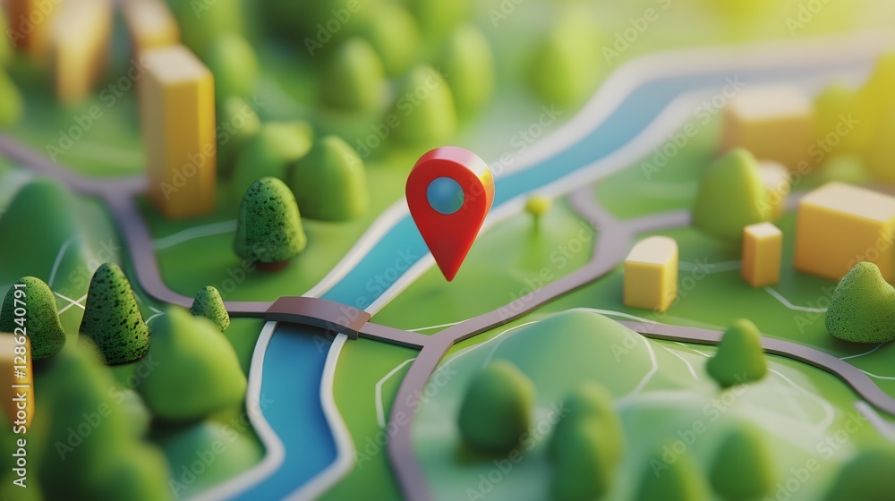 Poster detailed topographic map with red location pin marker indicating direction and route for travel adve