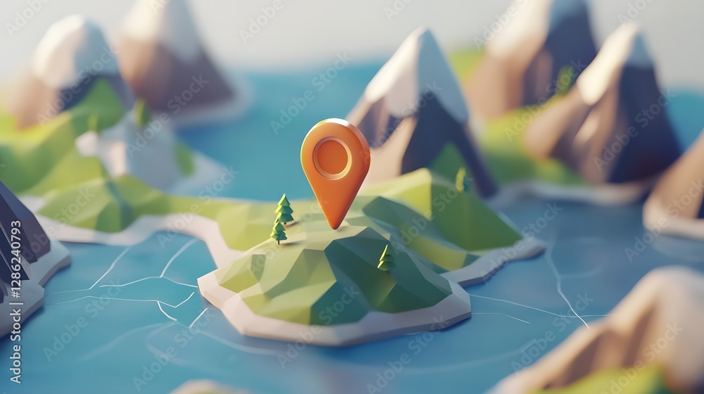 Poster detailed topographic map with mountain range landscape and location pin highlighting the concept of 
