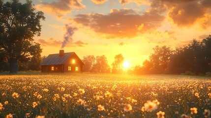 Obraz premium Glowing Cabin at the Edge of a Quiet Meadow with Smoke Rising into a Pastel Morning Sky