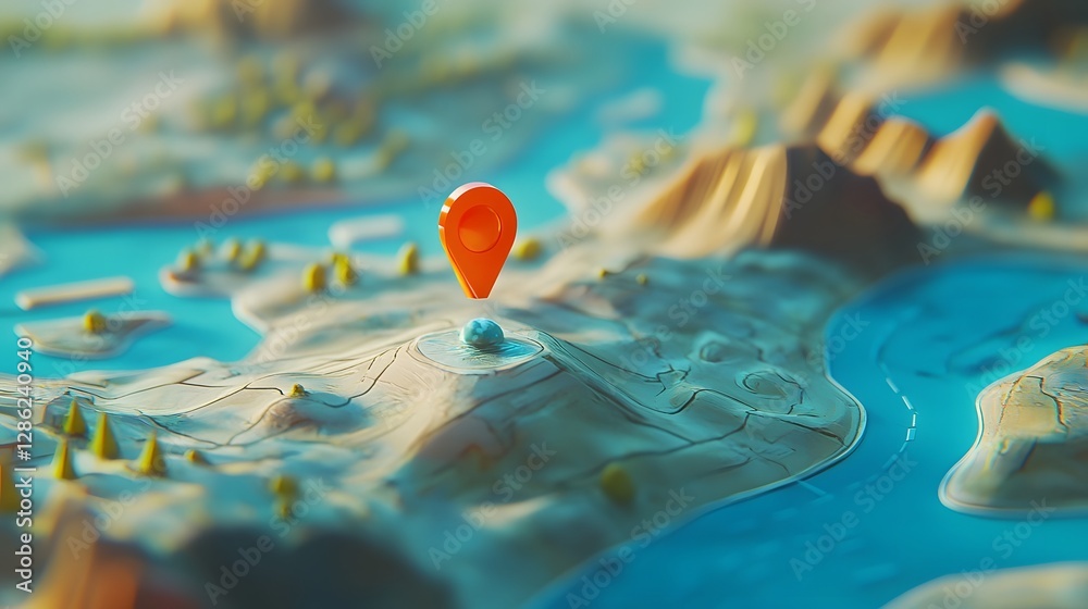 Aufkleber Detailed topographic map with red navigation marker pinpointing specific location representing strategic planning for achieving goals and success