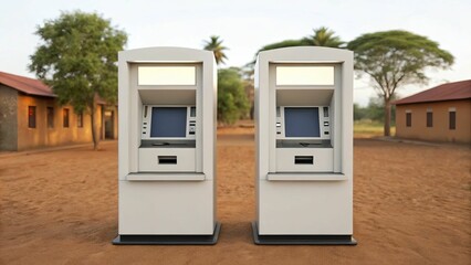 Two ATMs stand side by side on a dirt path, surrounded by trees and buildings, providing easy access to banking services.