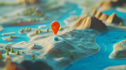 Detailed topographic map with red navigation marker pinpointing specific location representing strategic planning for achieving goals and success