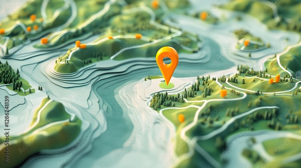 Poster detailed topographical map of a scenic mountain and forest landscape with a pinpoint marker highligh