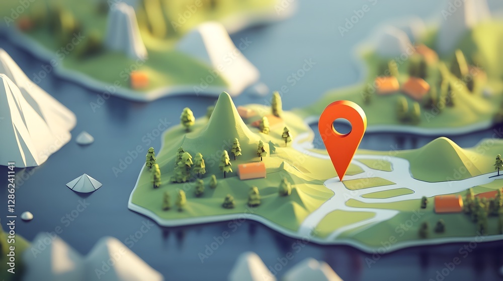 Poster detailed topographical map with navigation pin pointing remote outdoor adventure location in rugged 