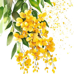 Golden Shower Tree Flowers on White Background with Watercolor Details