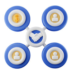 An interconnected design featuring icons representing finance and people, highlighted by a central handshake symbol.