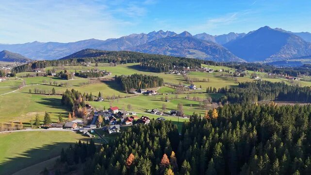 Aerial view of Ramsau village in the Ennstal valley in Styria, Austria on a beautiful autumn day
