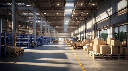 Spacious Warehouse Interior with Sunlit Shelves, A spacious warehouse interior with tall shelves filled with boxes and pallets