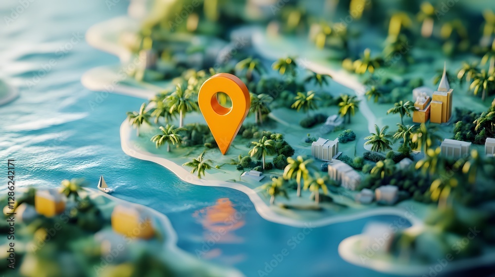 Poster digital depicting a stylized map with lush vegetation a pond and a navigation pin symbolizing the jo