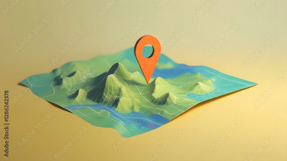 Poster Digital map interface displaying mountain terrain rivers and a location pin marker for planning outdoor adventures hiking expeditions and travel destinations  The map shows a scenic