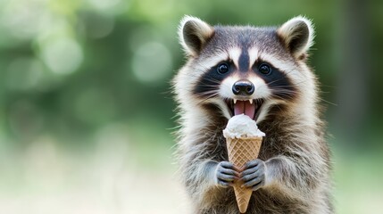 Obraz premium A playful raccoon joyfully holds a small ice cream cone, showcasing its charming expression against a blurred green background that emphasizes its delightful moment.
