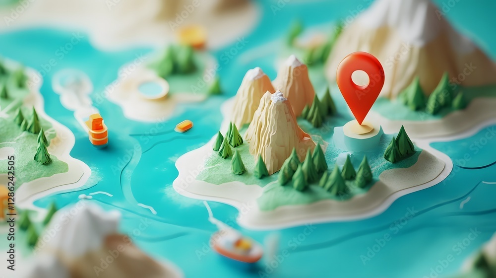 Poster Digital map concept with mountain landscape scenic pine forest and red GPS map pin pointer  Travel navigation and outdoor adventure planning concept