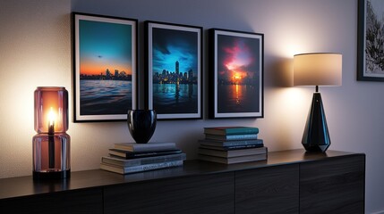 A cozy interior scene featuring framed cityscape artworks, a lit candle, and stylish decor elements