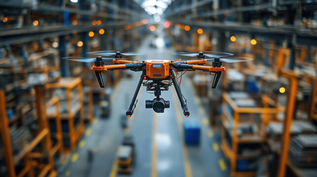 A drone-powered IoT inventory management system tracking raw materials in a factory