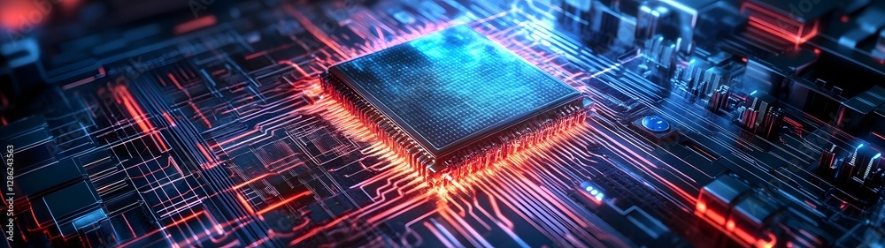 Poster Futuristic circuit board with glowing processor chip and digital data connections in motion representing advanced technology innovation and intelligence