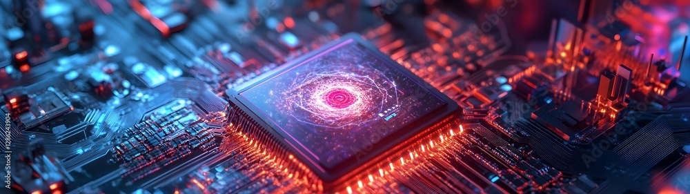 Poster Futuristic Circuit Board with Glowing Processor   Innovative Technology and Digital Transformation Concept  Intricate electronic hardware semiconductor microchip digital data processing