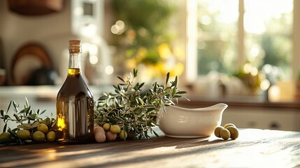 Olive oil bottle and fresh olives in kitchen setting