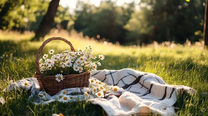 A blanket spread on a grassy knoll with a basket of wildflowers nearby
