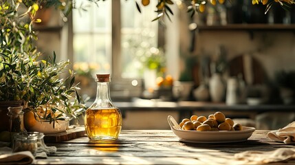 Olive Oil Bottle With Olives In Rustic Kitchen Setting