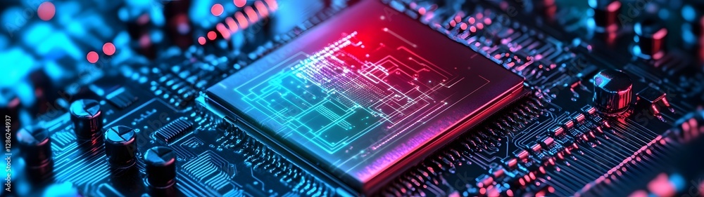Poster Futuristic computer circuit board with vibrant processor chips and microchips representing the advancements in modern electronics technology and digital innovation