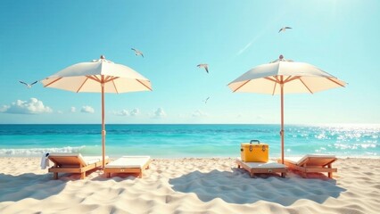 Fototapeta premium Tranquil Beach Scene Two Wooden Lounge Chairs Under Parasols, Yellow Cooler on Sandy Shore, Ocean View