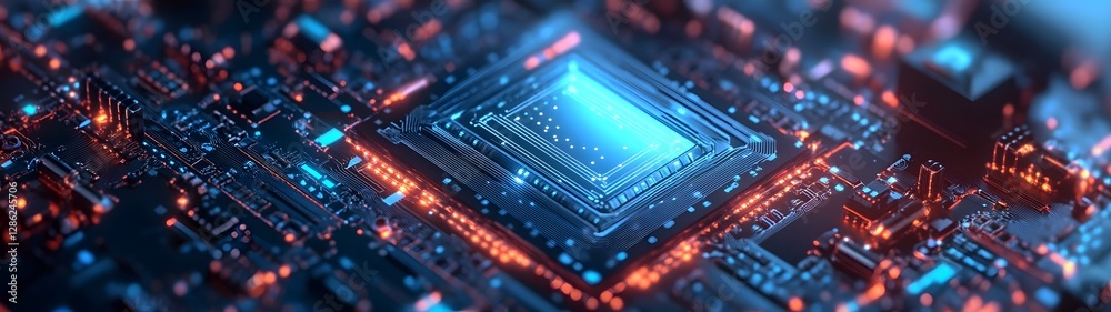 Poster Futuristic cyberpunk style circuit board technology backdrop with vibrant glowing digital microchips complex integrated system of electronic components and high tech industrial design elements