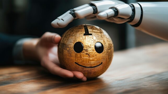 A robotic hand gently touches a golden sphere with a smiley face, symbolizing innovation and cost-saving in human resources.