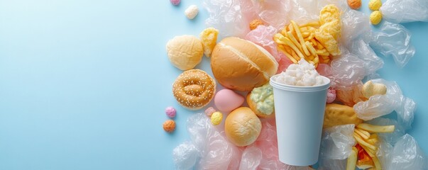 Pollution and Overeating concept, Colorful assortment of fast food and snacks on a blue background.