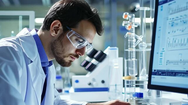 1_Scientist analyzing data on a computer screen in a biotech facility