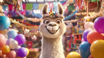 A cartoonish stuffed llama with exaggerated features surrounded by balloons and party decorations