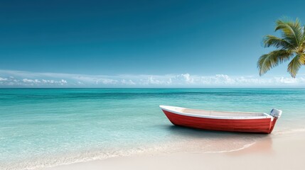 Obraz premium A picturesque beach scene featuring a bright red boat resting on white sands, with turquoise waters and a clear blue sky, ideal for serene ocean getaway imagery.